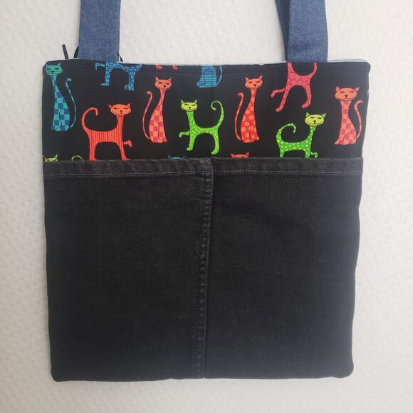 Tammy D's Recycled Blue Jean Denim Rainbow‎ Cat Tote Bag - Picture 7 of 9
